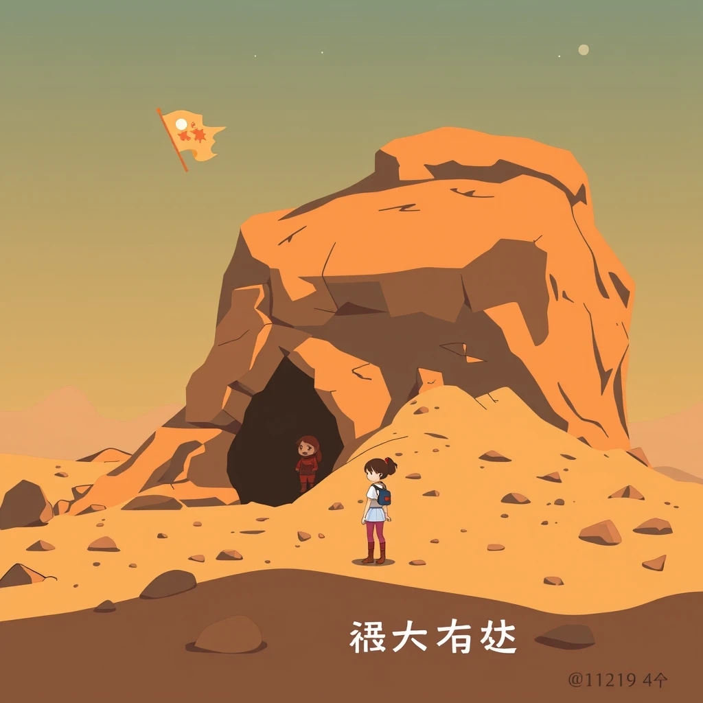 "Logged into Mars, someone lives in a cave, there is a flag, there is a young woman, there are Chinese characters or Japanese." - Image