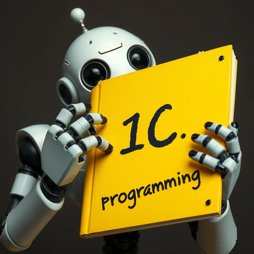 The robot bites and chews a piece of a yellow book labeled 1C programming.