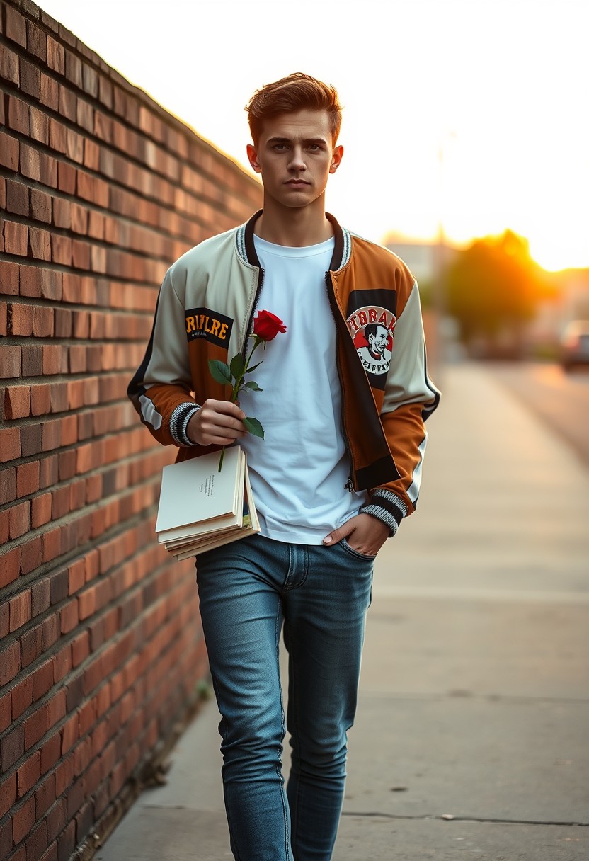 Freddie Prinze head and body shot, handsome, young, serious face, white t-shirt, collage jacket, skinny jeans, sneakers, holding a red rose and some books, hyper-realistic, street photography, brick wall, full body photo, sunrise.