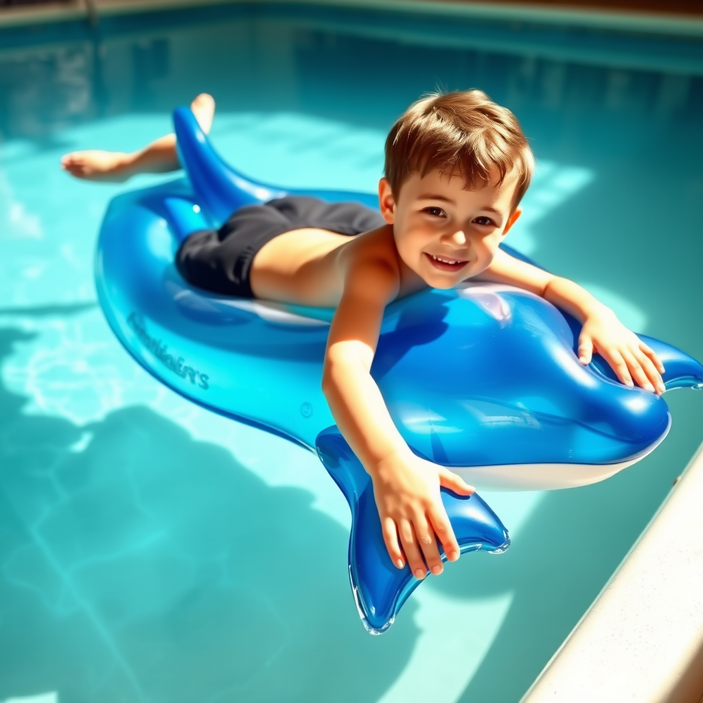 Teenager lying on stomach on a blue transparent inflatable dolphin float in the home pool, holding onto two fins.