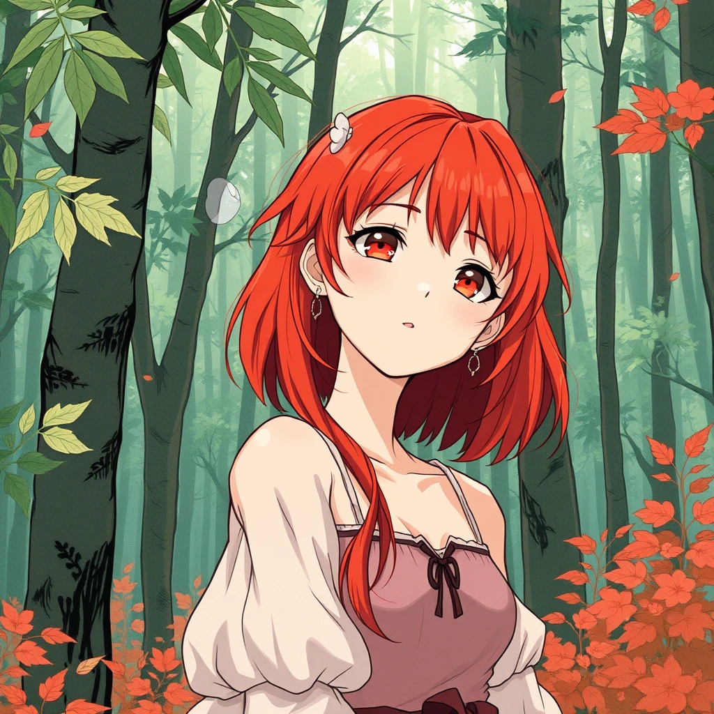 Red-haired girl in the forest in the style of Conrad Roset, Honkai Star Rail, Yoneyama Mai. - Image