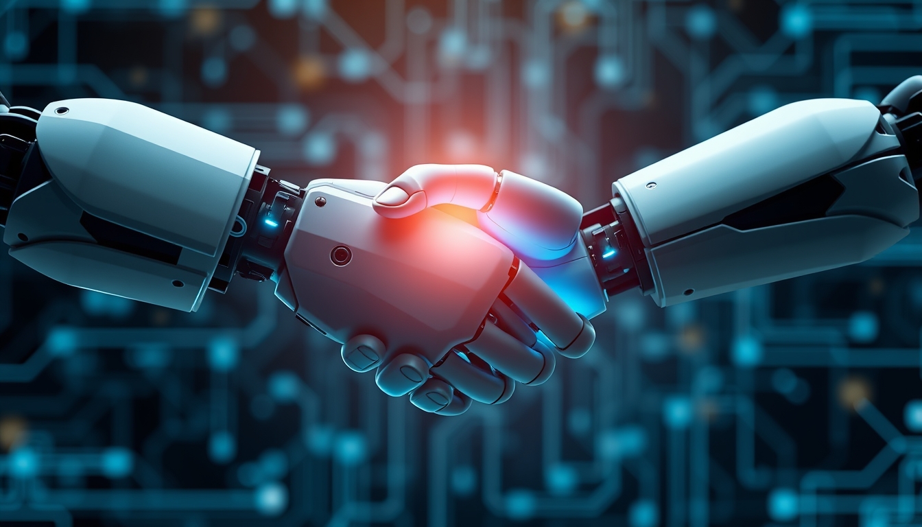 The handshake of a robot with a human background artificial intelligence and digital transformation. - Image