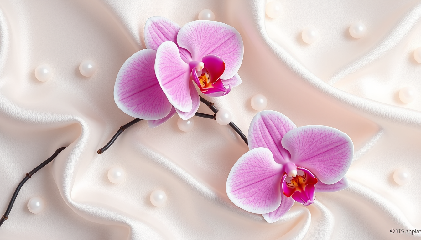 3D wallpaper with beautiful orchid flowers and pearl pattern on a background of delicate silk fabric, uniform clear focus, top view.