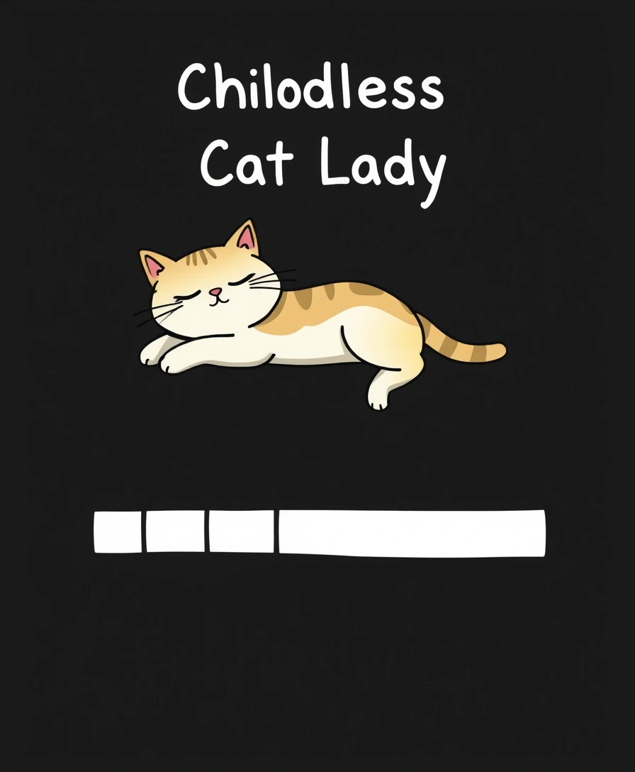 A quirky and fun cartoon illustration featuring a cat resting comfortably on a five-segment loading bar. The cat, with its eyes closed and its arms outstretched, appears to be enjoying a moment of relaxation. The first segment of the loading bar is colored white, signifying the beginning of the energy loading process. Above the cat and the bar, white text on a black background reads, “Childless Cat Lady.” The interesting combination of the cat’s slow demeanor and the familiar concept of a loading bar creates a charming and playful image that is both engaging and soothing., typography, illustration.