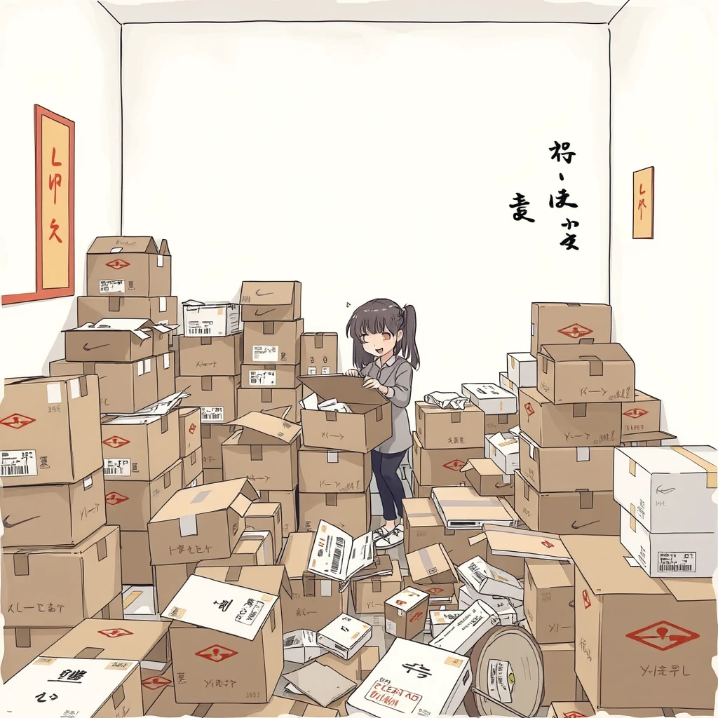 In the room, there is a girl unboxing deliveries. There are many delivery boxes, and it is very messy and disorganized. Additionally, there should be Chinese characters.