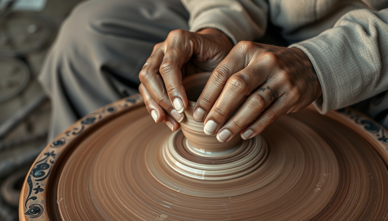 A close-up of a craftsman's hands meticulously shaping a piece of pottery on a spinning wheel, with earthy tones and rich textures.