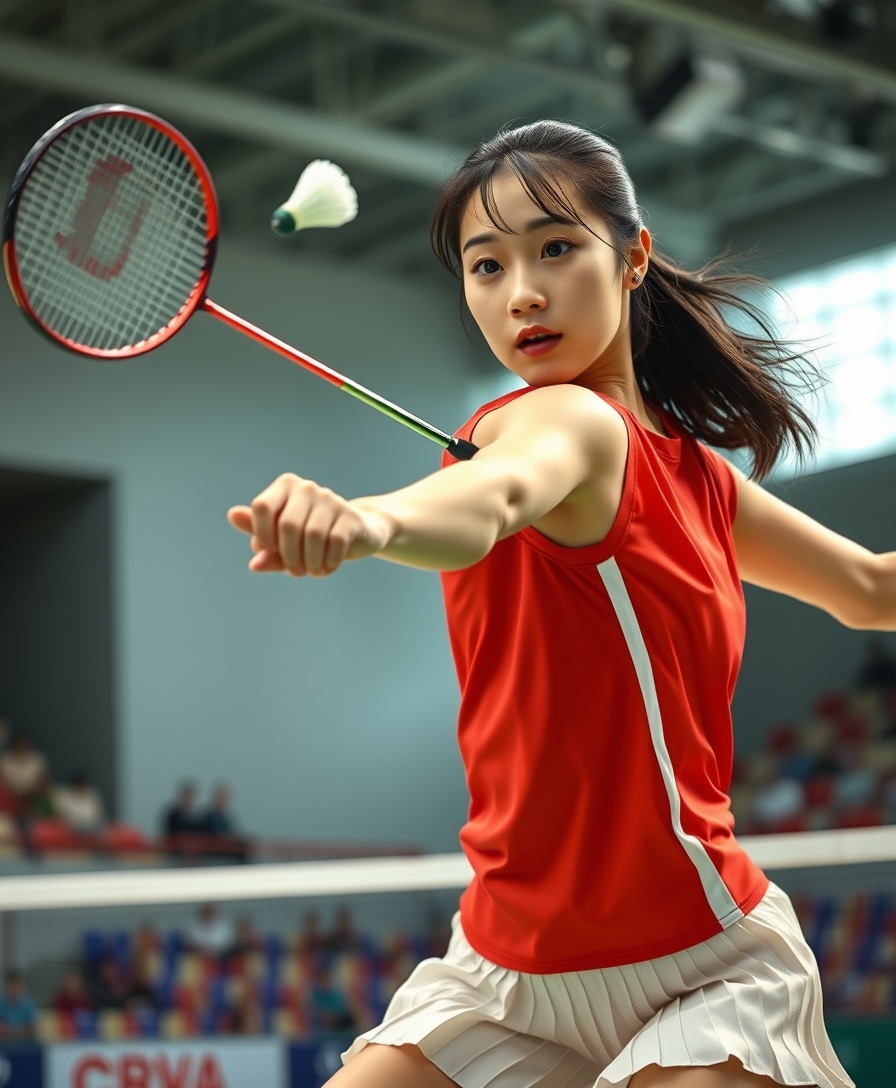 A detailed, realistic portrait of a young woman playing badminton in an indoor sports arena. The woman is wearing a bright red jersey and is mid-swing, her body in a dynamic, athletic pose as she focuses intently on the shuttlecock. The background is blurred, with glimpses of the court, net, and spectator stands visible. The lighting is natural and directional, creating shadows and highlights that accentuate the woman's features and muscular definition. The overall composition conveys a sense of energy, movement, and the intensity of the game. The image is highly detailed, with a photorealistic quality that captures the textures of the woman's clothing, skin, and the badminton equipment.

A woman with a beautiful face like a Japanese idol, she is wearing a white pleated skirt.

Badminton rackets and shuttlecocks with dynamic swings and motion blur.
Depiction of the human body with a flawless personality. - Image