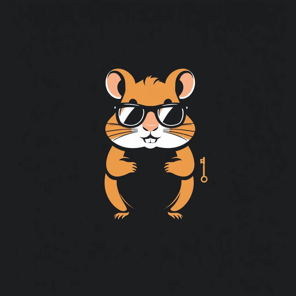 Minimalistic vector art logo featuring a hamster wearing dark glasses and holding a key, set against a dark background, with bold lines, simple shapes, and a strong silhouette.