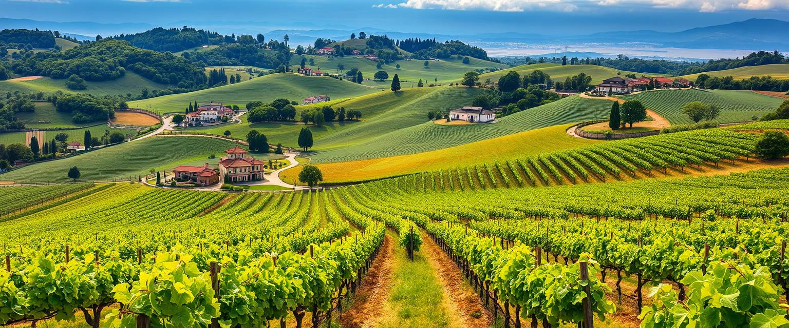 Lush, rolling vineyards, grapevines, winemaking, high quality, photorealistic, rustic charm, scenic, harvest season, idyllic, countryside, panoramic, breathtaking::1.2 wine cellars, barrel aging, wine tasting, picturesque, countryside villas, grape harvest, winding roads. - Image