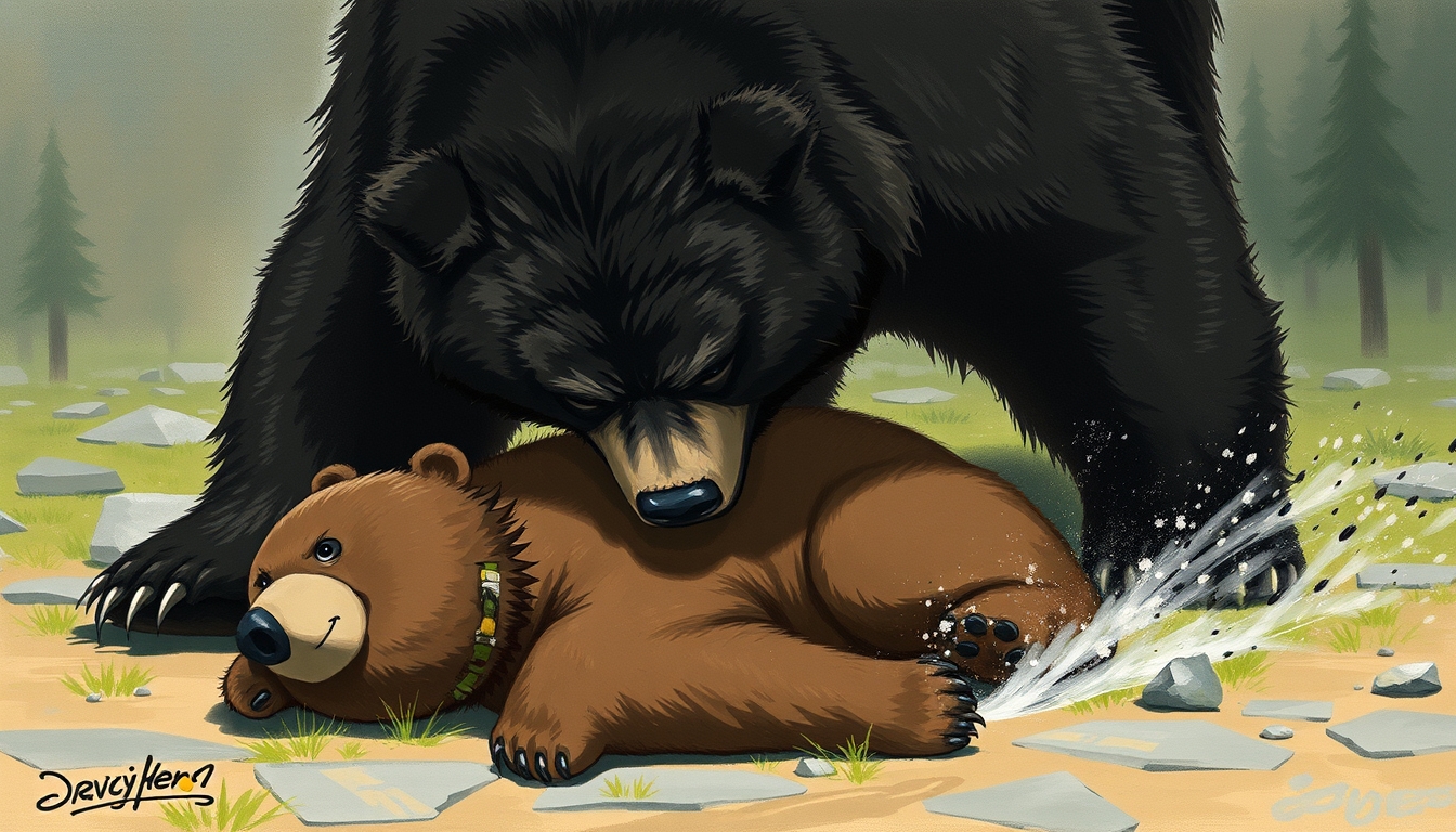 A strong black bear presses down on a brown bear lying on the ground, Furui's painting style. - Image