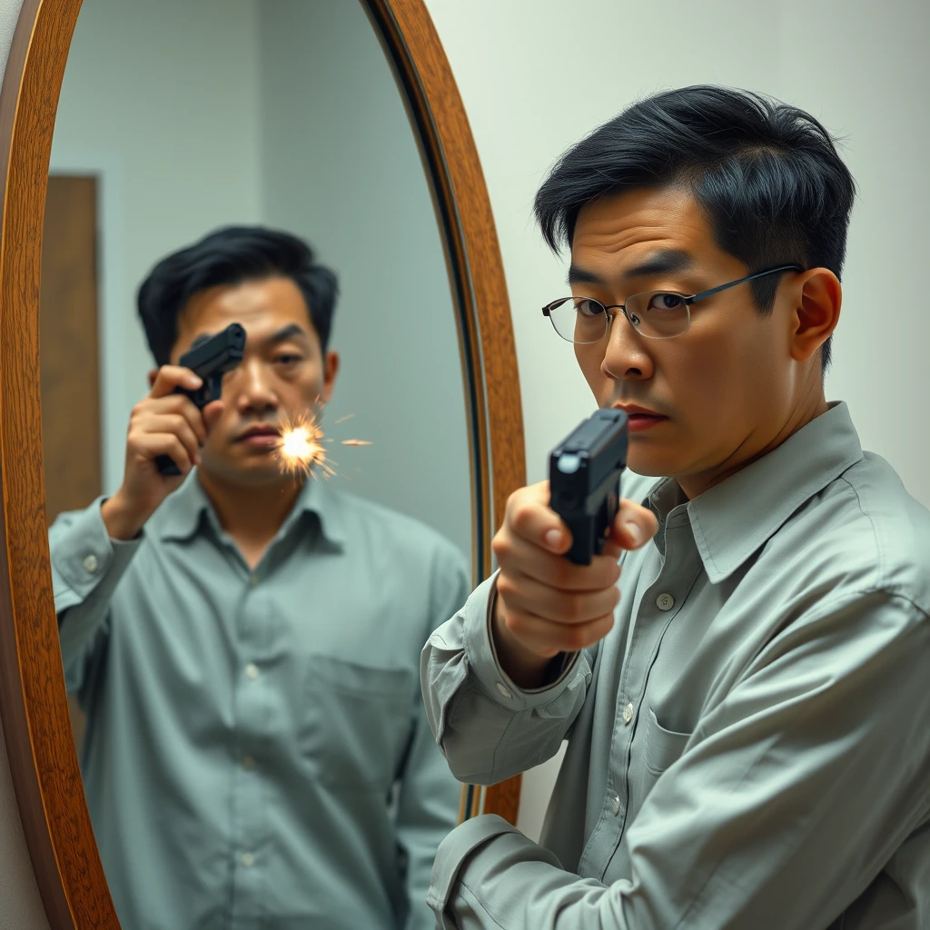 A Chinese man is holding a pistol and looking in the mirror, which is a full-length mirror. He fires the gun, and the mirror is hit by a bullet, leaving cracks. - Image