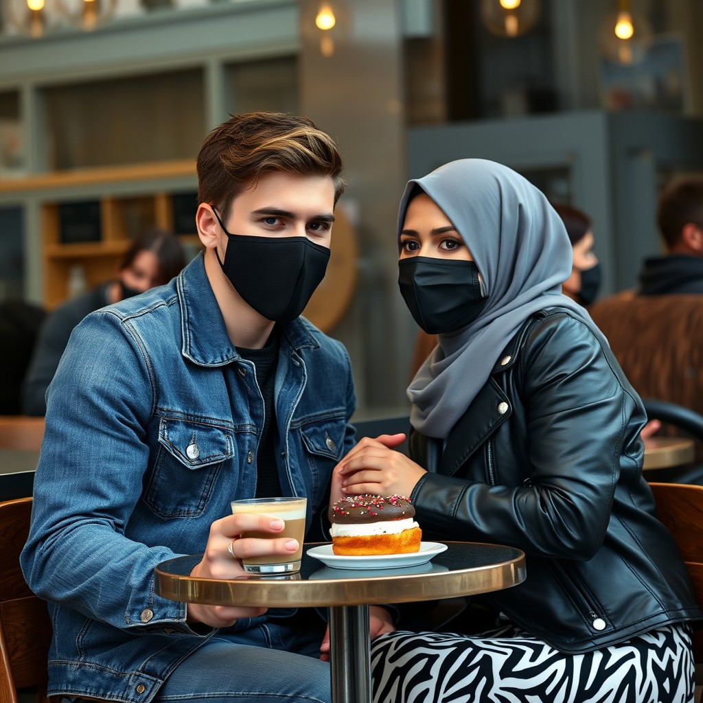 Jamie Dornan's head and body shot, handsome, black face mask, blue jeans jacket, jeans, dating a lovely Muslim girl in a grey hijab, beautiful eyes, black face mask, black leather jacket, biggest zebra pattern skirt, at a cafe, 2 cups of latte, muffin cake, chocolate donut on a table, with another 3 friends, photorealistic, hyper-realistic, street photography, selfie. - Image