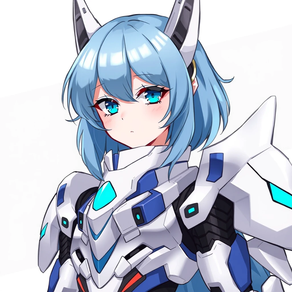 This is an illustration of a character that appears to be a blend of human and robotic features. The character has a humanoid form with a feminine appearance, including blue hair and blue eyes. The character's body is adorned with what seems to be armor or a suit with a predominantly white and blue color scheme, which could suggest a futuristic or cybernetic theme. The design is detailed and suggests a high level of craftsmanship, with a focus on the character's face and the intricate details of the armor.