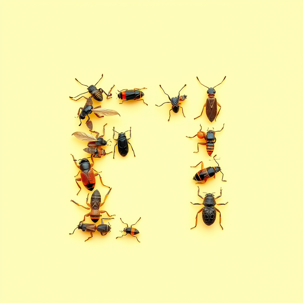 a typo "I" made of insects, yellow background, realistic photograph - Image