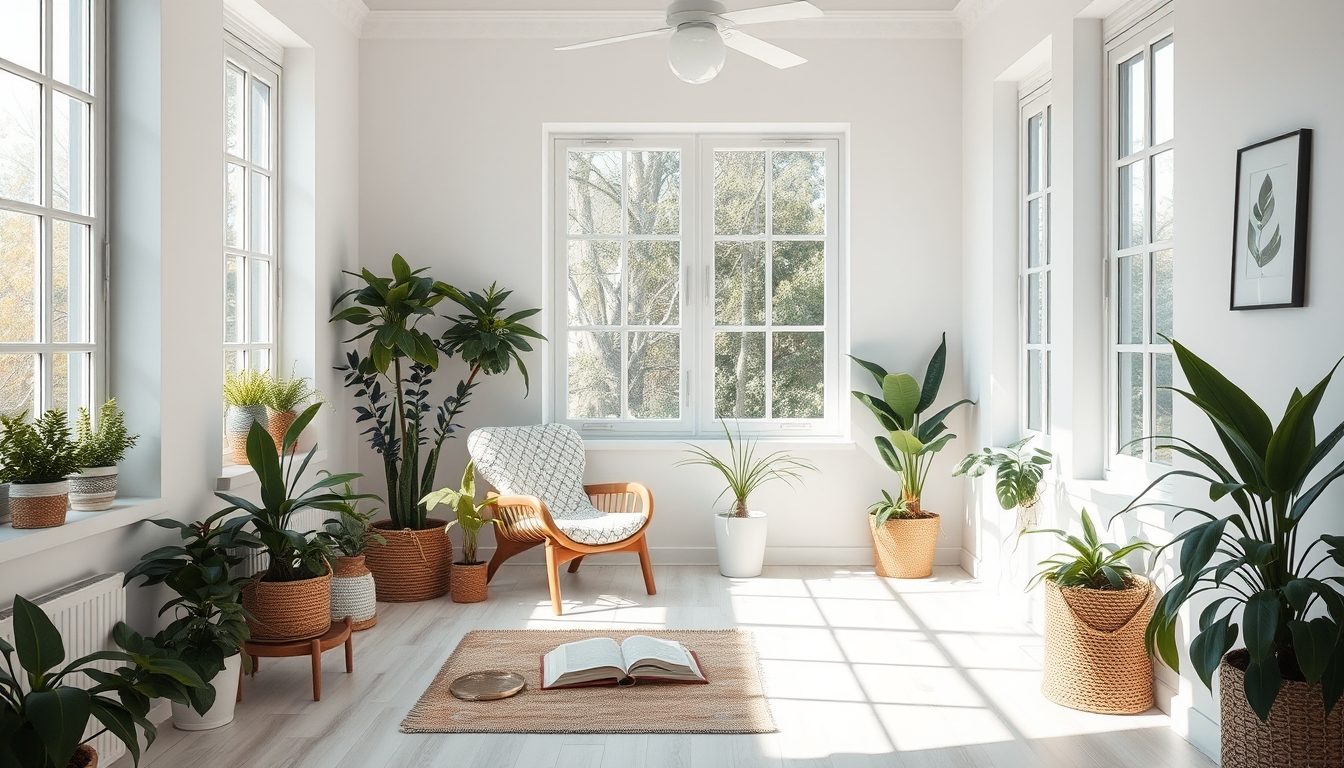 A serene interior space with natural light streaming in, featuring minimalistic decor, indoor plants, and a cozy reading nook.