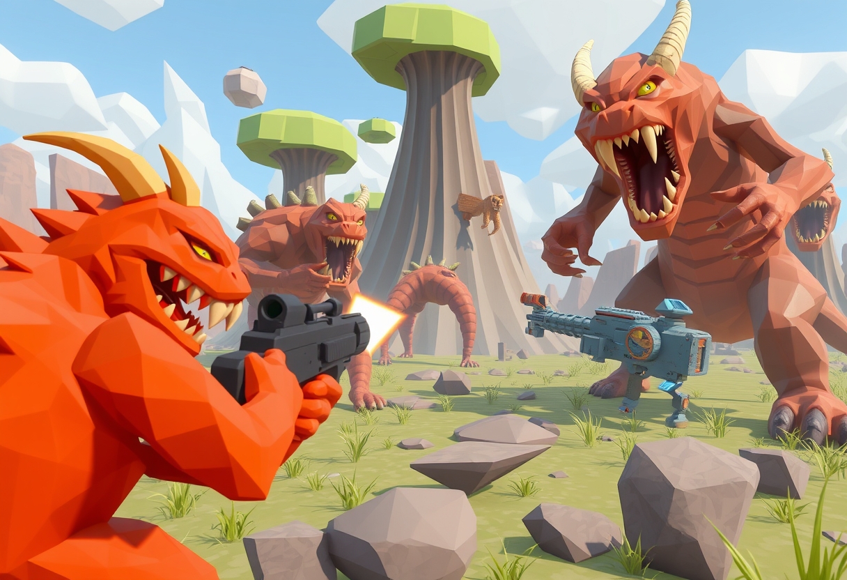 3D game with poorly designed polygonal monsters shooter