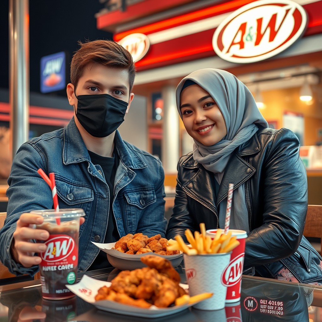 Jamie Dornan's head and body shot, handsome young man, black face mask, blue jeans jacket, jeans, dating a Muslim girl in a gray hijab with beautiful eyes, black face mask, black leather jacket, biggest floral skirt, at an A&W fast food restaurant, plate of Korean fried chicken, 2 cups of fries, A&W soft drink, photorealistic, hyper-realistic, street photography, selfie.