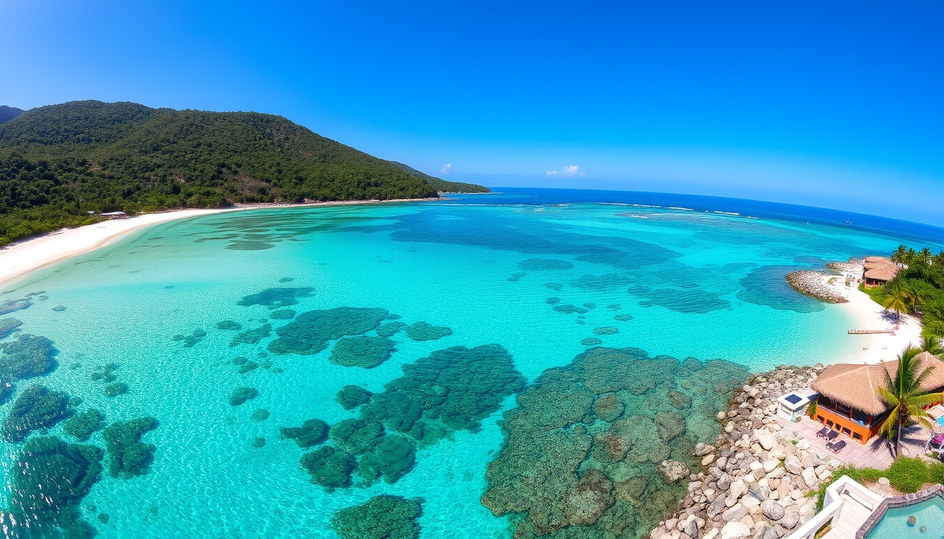 A panoramic view of a remote, pristine beach with crystal-clear waters, eco-friendly accommodations, and untouched natural beauty. - Image