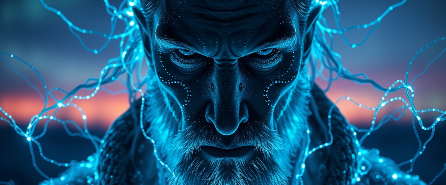 A symmetric portrait of a male, evil frozen necromancer, features dissolving into frozen magic thin, luminescent blue lines. Weighted Voronoi stippling and laser caustics create a network, transitioning from hyperrealistic detail to abstract, quantum-inspired forms. Ethereal hues blend, evoking existential transition and mystery. Close-up on face, evil skull partially visible. Set against a twilight arctic backdrop, icy winds ripple through his tattered robes. Rendered in a fusion of photorealism and digital surrealism, the scene is illuminated by ghostly Northern Lights. Emphasis on cold, menacing atmosphere, invoking Nordic myths.