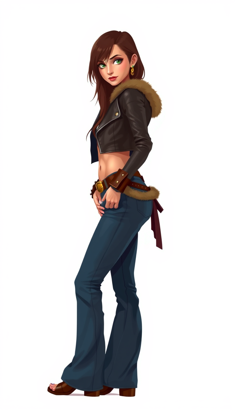 Exaggerated Pixel Art, white background, young hippie woman, standing sideways, slim body, green eyes, dressed in bell bottom jeans, belt, golden buckle, navel, crop fitted leather jacket, fur collar and cuffs, open toe boots, toes, earrings.