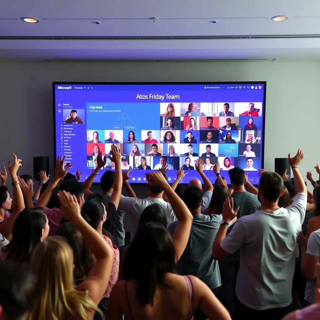 Lots of people rave dancing in front of a screen that takes up the whole wall. The screen shows a Microsoft Teams meeting with many people. The title on the screen says "Atos Friday Team".