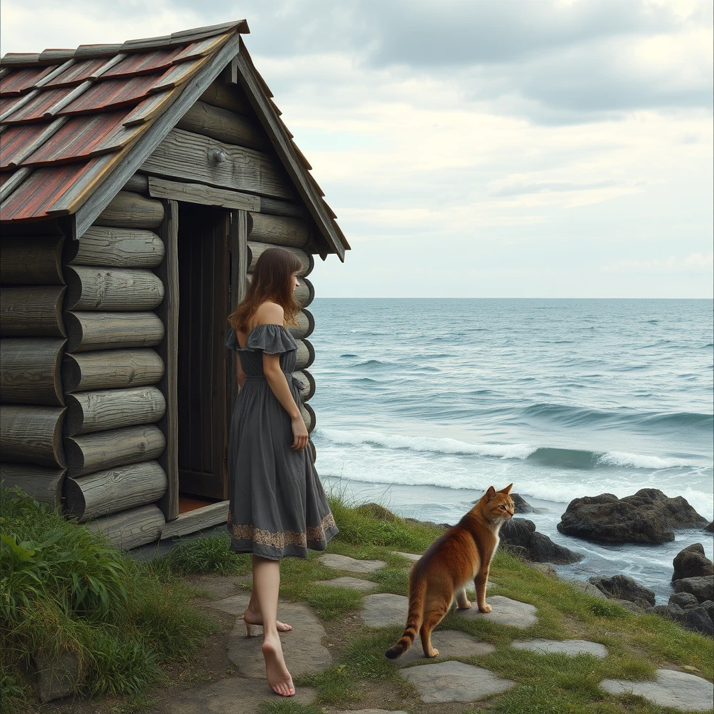 At the seaside, there is a wooden house, a young woman in a dress, and a cat.