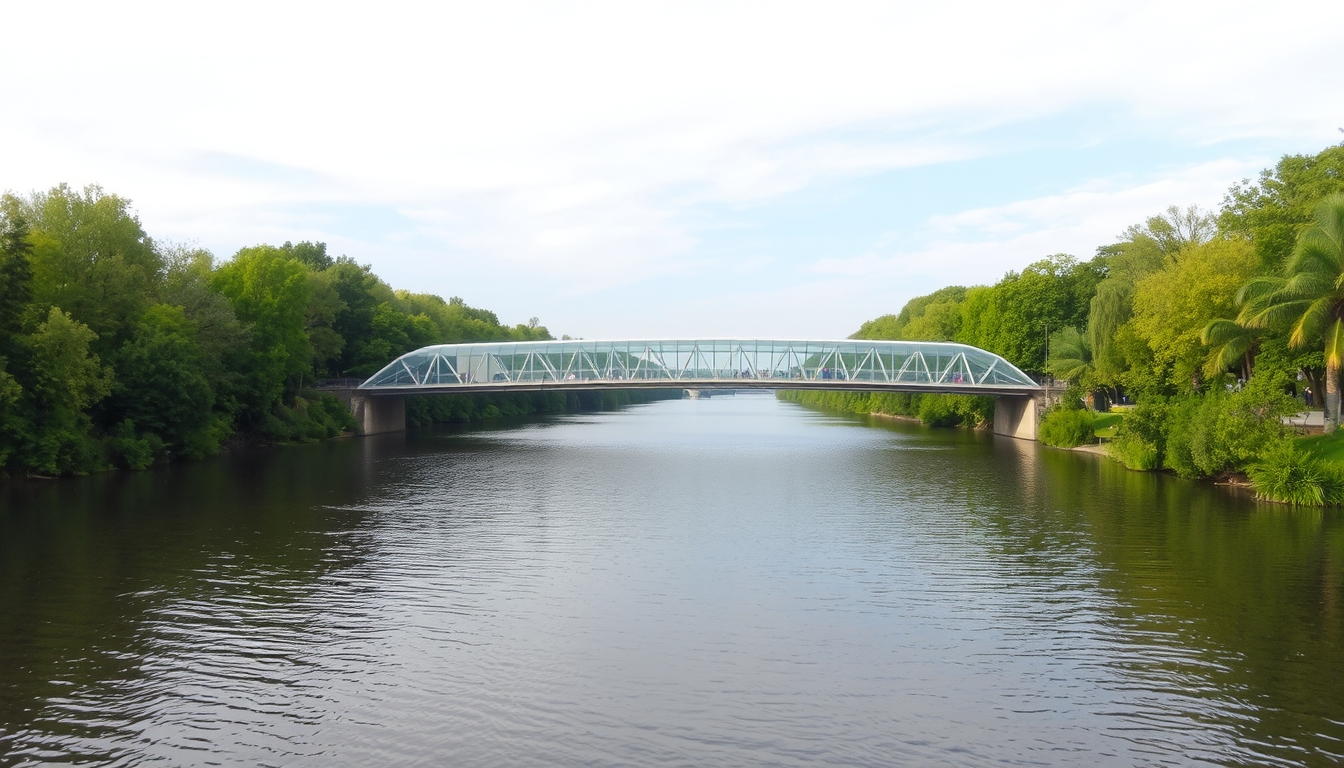 A serene river scene with a glass-bottomed bridge crossing over it.