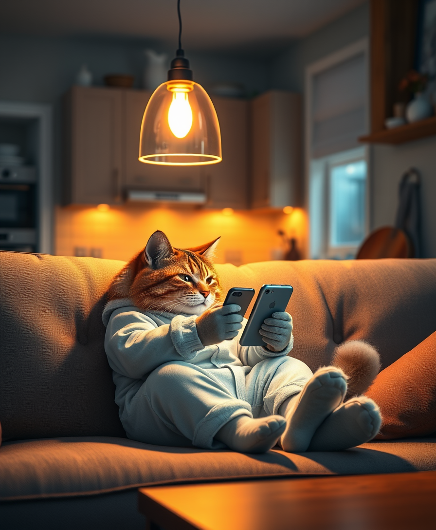 A delightful realistic photo showing a charming anthropomorphic cat dressed in cozy pajamas and lounging on a soft sofa in a dimly lit room. A cat with a fluffy tail and expressive eyes stares intently at his smartphone, immersed in digital content. The warm golden light of the pendant lamp creates a soft glow, creating a cozy and relaxing atmosphere. In the background, there is a simple kitchen area with cabinets, countertops, and various kitchen utensils, which creates an atmosphere of comfort and well-being in the house. This charming scene evokes a feeling of serenity and warmth and is ideal for a calm evening or night setting. - Image