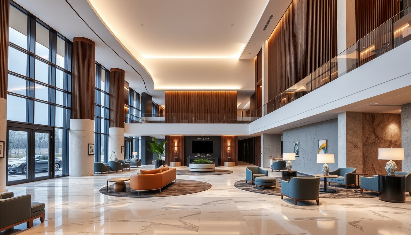 Modern style hotel lobby with a lot of curves.