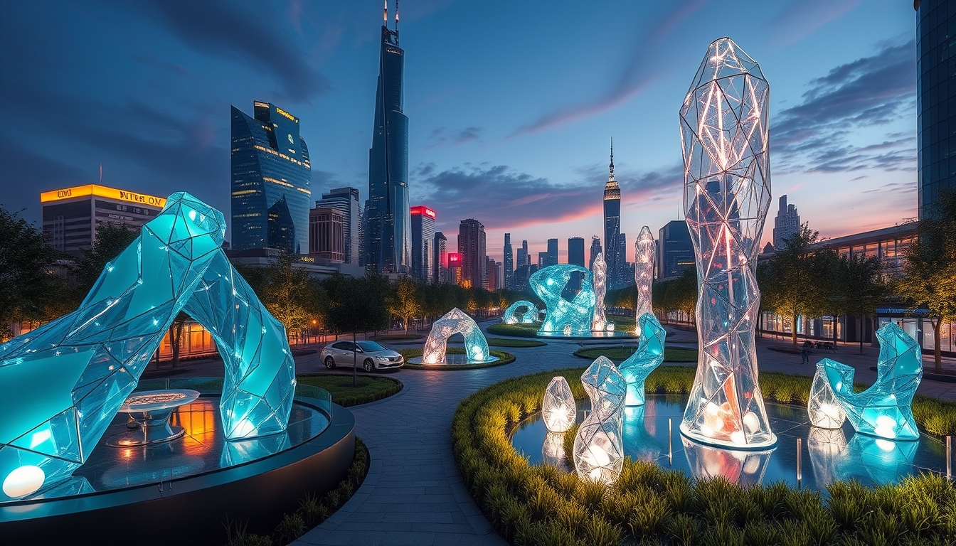 A futuristic city park with glass sculptures and interactive installations.