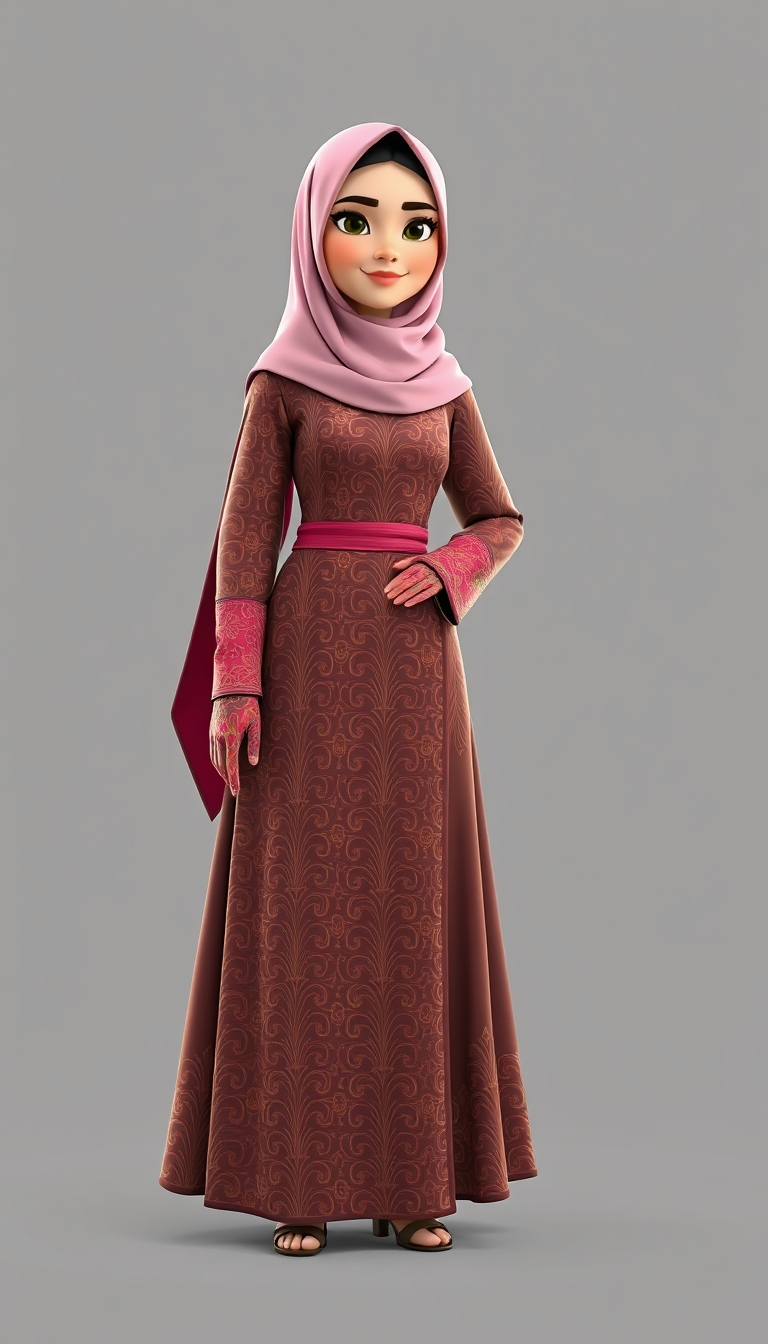 Create a 3D, 8K animated cartoon of a Muslim woman from Palembang wearing a long traditional songket dress. She should have her hands covered with batik gloves. The image should capture the elegance and cultural richness of the attire.