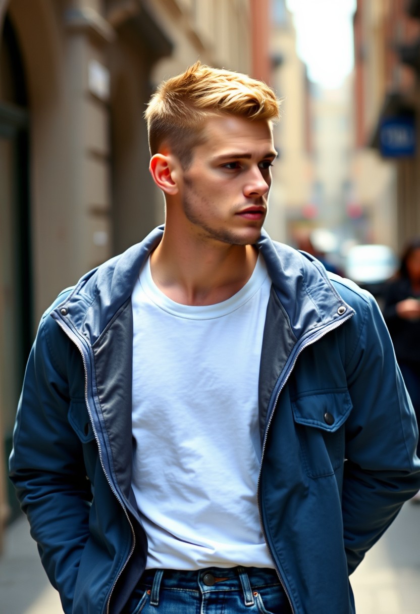 Jamie Dornan's head and body shot, handsome, young, shaved, white T-shirt, blue jacket, jeans, hyper-realistic, street photography. - Image