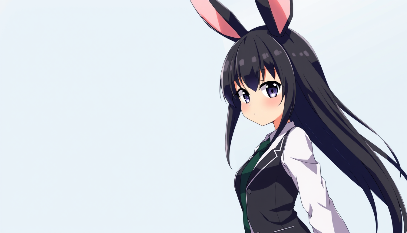 Anime art of a motherly black bunny girl in a suit, with long hair, natural reflective features, and a detailed body, standing against a wallpaper anime background, showcasing stunning details. This is an anime artwork of illustration quality, suitable for wallpaper download.