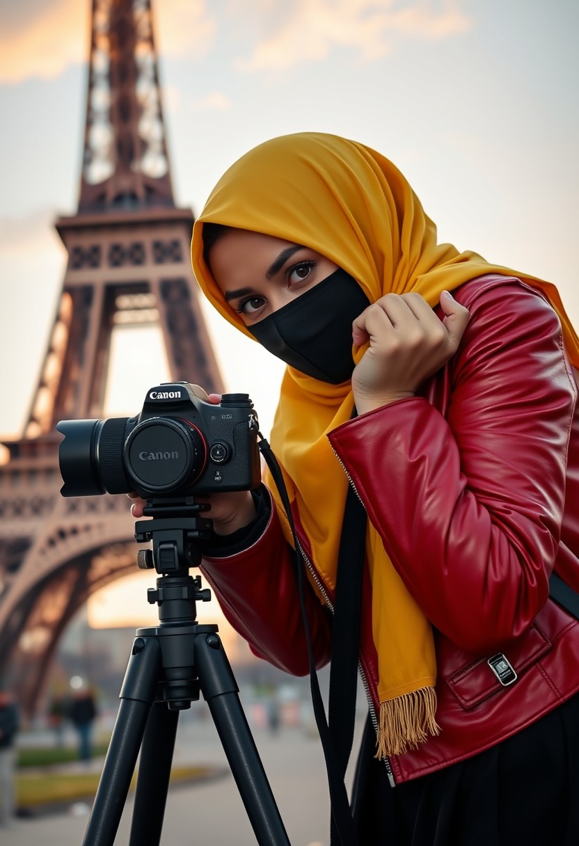 Biggest hijab yellow Muslim girl, beautiful eyes, face mask black, red leather jacket, biggest black skirt, camera DSLR CANON, tripod, taking photo of Eiffel Tower, sunrise, morning scenery, Eiffel Tower, hyper realistic, street photography. - Image