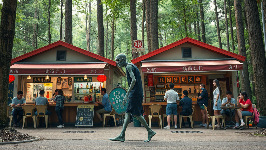 Real-life photography, wide shot: In the forest, there are two small shops selling alcohol, with tables and chairs set up outside, where many young men and women are drinking and chatting. A zombie (like the zombies from Plants vs. Zombies) walks by. There are Chinese letters or Japanese letters. - Image