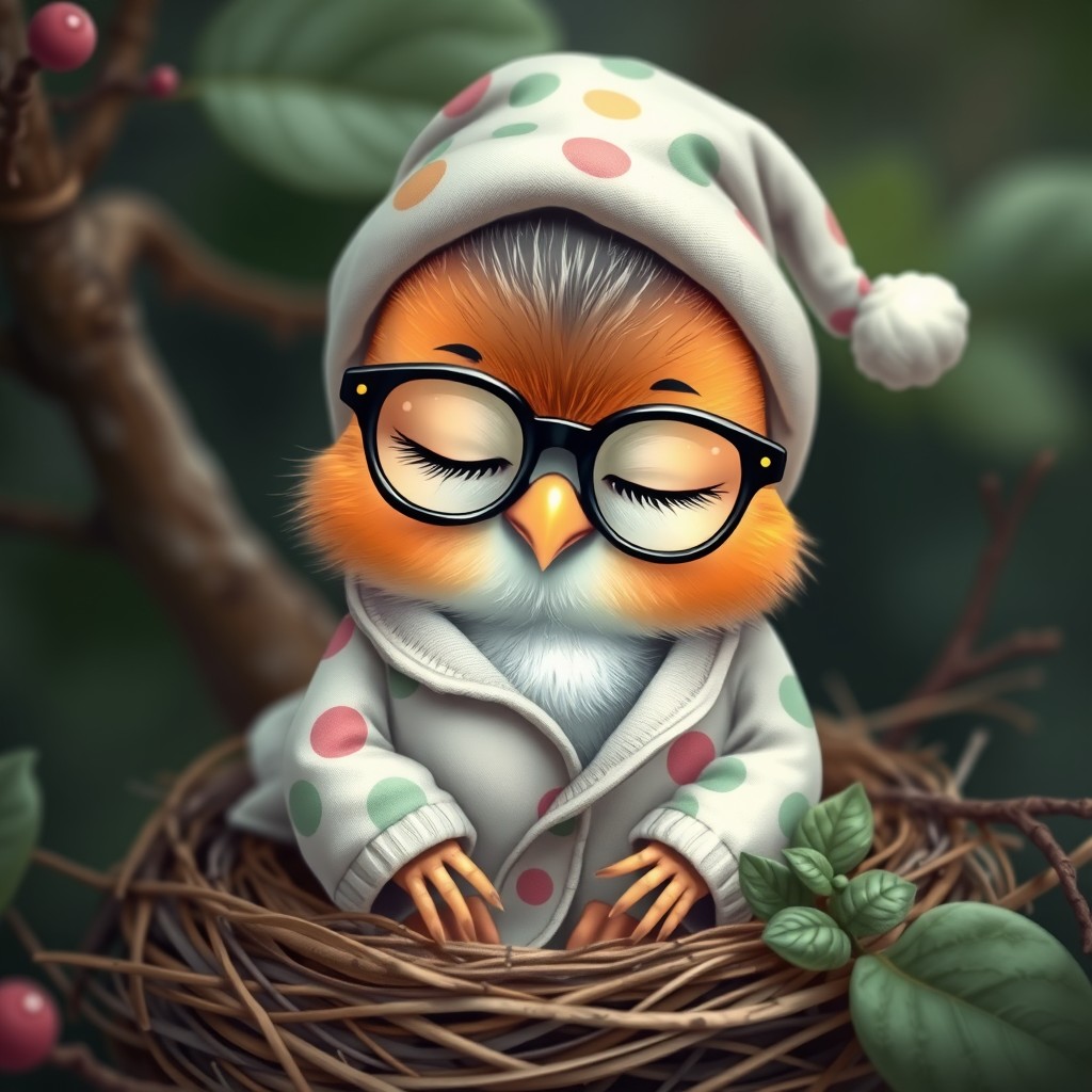 Sweet little tender birdie with glasses, wearing a beautiful pajama and a sleep hat, happily sleeping in her nest.