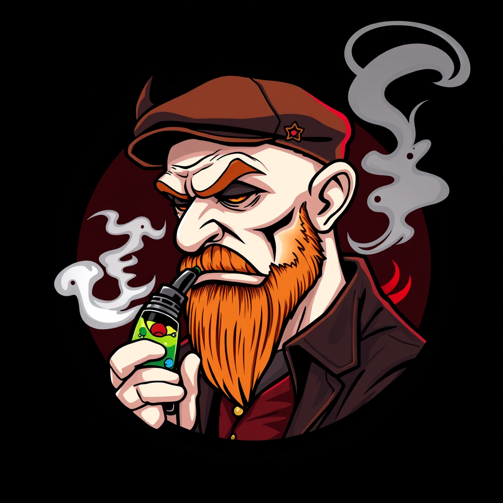 Three-quarter view cartoon demonized white human male, bald with short ginger beard, wearing a vintage flatcap. He's exhaling vapor clouds from a sleek vapemod, dripping with vibrant e-liquids. Set in a circular logo design, featuring gothic elements and a smoky, mischievous atmosphere.