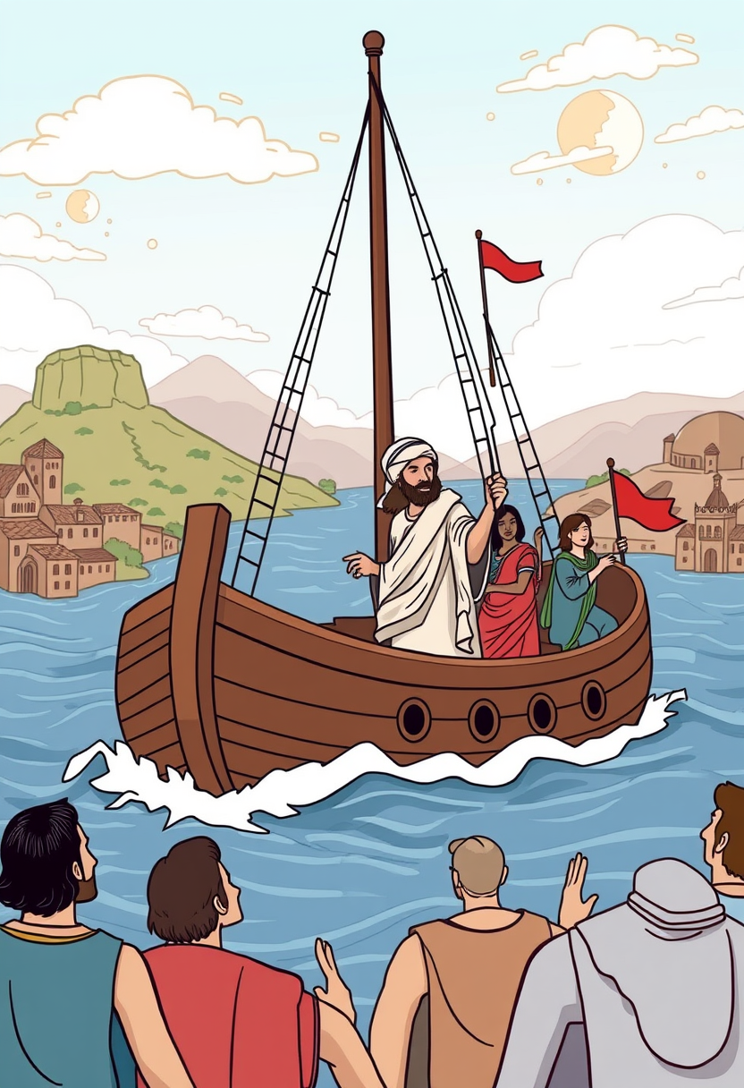 Illustrate Paul traveling by ship, preaching to people in different cities, with maps and various landscapes in the background. cartoon style, thick lines, low details, no shading. - Image