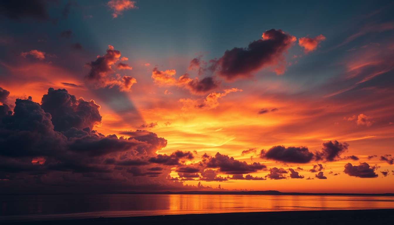 Dramatic, fiery sunset, clouds, silhouettes, high quality, photorealistic, evening sky, reflection, serene, seashells.