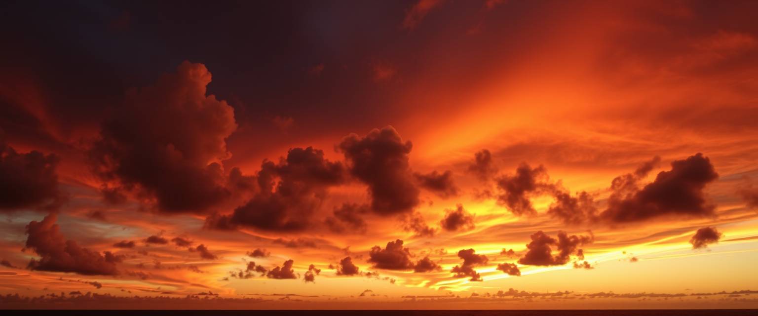 Dramatic, fiery sunset, clouds, silhouettes, high quality, photorealistic, evening sky, reflection, serene, seashells.