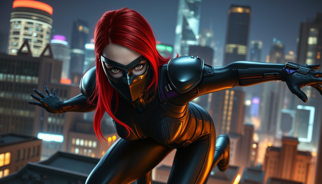 red head with dark green eyes, metallic black eye mask, a black futuristic spandex outfit with dark purple armor on her shoulders, jumping rooftops in a futuristic city at night, realistic and dynamic appearance - Image