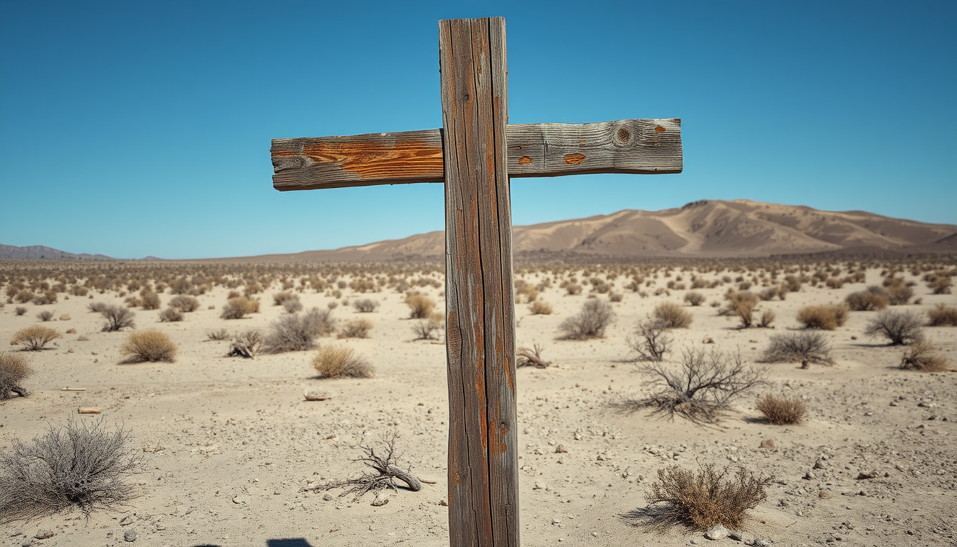 A cross made of wooden planks. The wood has signs of bad wet rot and dry rot in the wood. The cross is standing in a barren desert landscape. The overall feel is depressing and desolate.