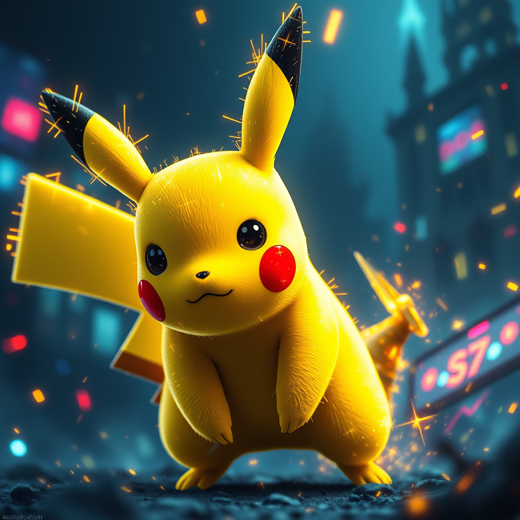 Pikachu, glitch effect, glowing, dynamic lighting, hyper-detailed, photorealistic, 8k resolution, Suehiro Manuo, fantasy, detailed background, dynamic composition, masterpiece, dynamic lighting, ultra detailed macro. - Image