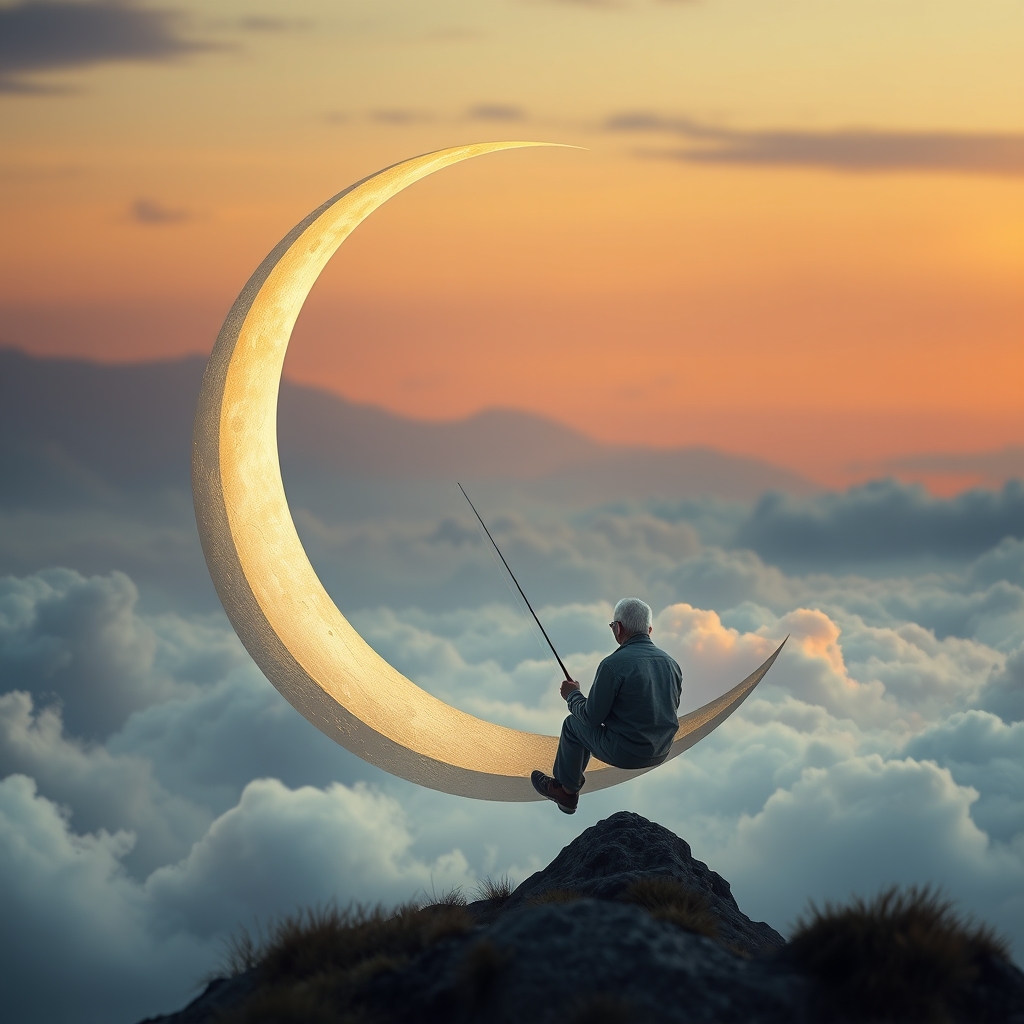 An old man sits serenely on a crescent moon, (fishing among the clouds:1.4). The scene has an evening, tranquil atmosphere. It’s dreamy and whimsical. deep depth of field, photography, Natural geographic photo, Hyper-realistic, 16k resolution, (masterpiece, award winning artwork), many details, extreme detailed, full of details, Wide range of colors, high Dynamic.