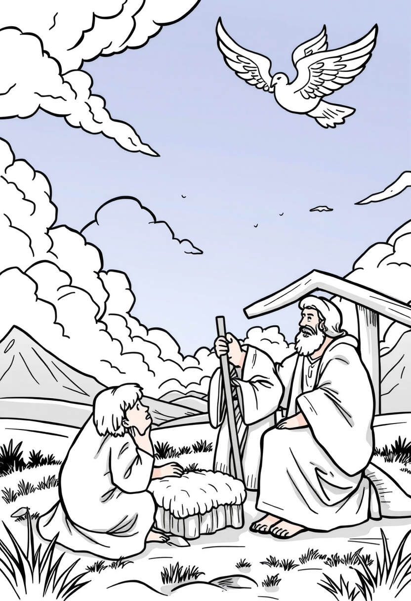 Illustrate the moment when Abraham prepares to sacrifice Isaac, with a dramatic sky and an angel intervening. A coloring book page, cartoon style, thick lines, low details, no shading. - Image