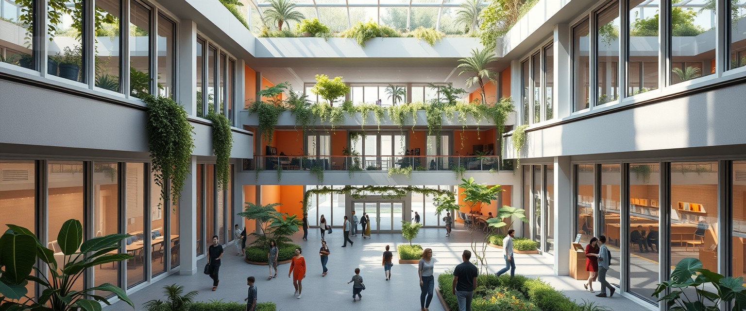 Modern Architectural Design, a rendering of an interior courtyard at the entrance to a two-story school building with large windows and balconies, people walking around in colorful, lush greenery on every level, lots of natural light, plants everywhere, modern architecture inspired by Tadao Ando.