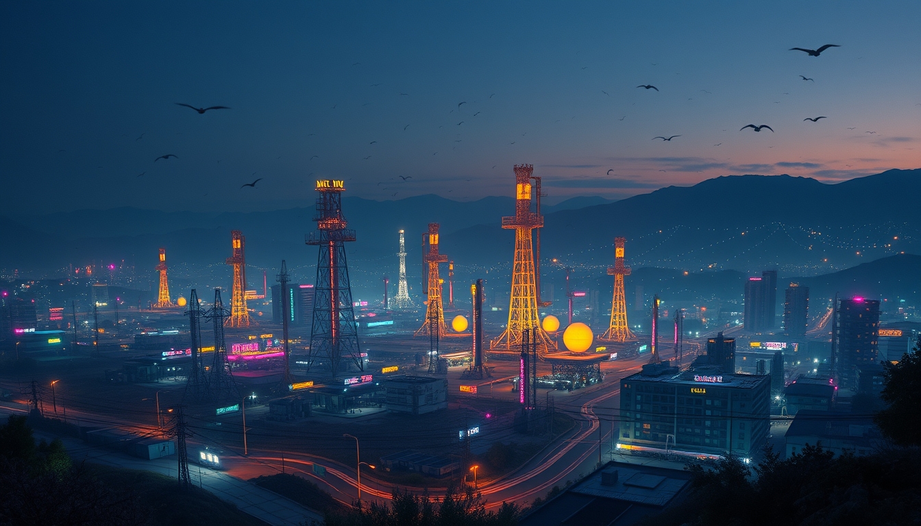 "Ilya Kuvshinov" style.  
Visually absurdly cluttered fantasy landscape.  
"Los Angeles panoramic view from the oil pumping stations".  
Lot's of wind and magical lights scattered everywhere.  
Dusk.  
Long shadows.  
By "Simon Stalenhag".  
Life-like details.  
Cinematic.  
Dramatic.  
Dynamic.  
Extremely refined lines and shapes.  
Extremely refined details on objects.  
Sharp details.  
Wide range of colors.  
Many details everywhere. Ray-Tracing. Anti-Aliasing. Realistic soft shadows. Low saturation colors. Insane quality. Insane resolution. Insane details. Masterpiece. 32k resolution.