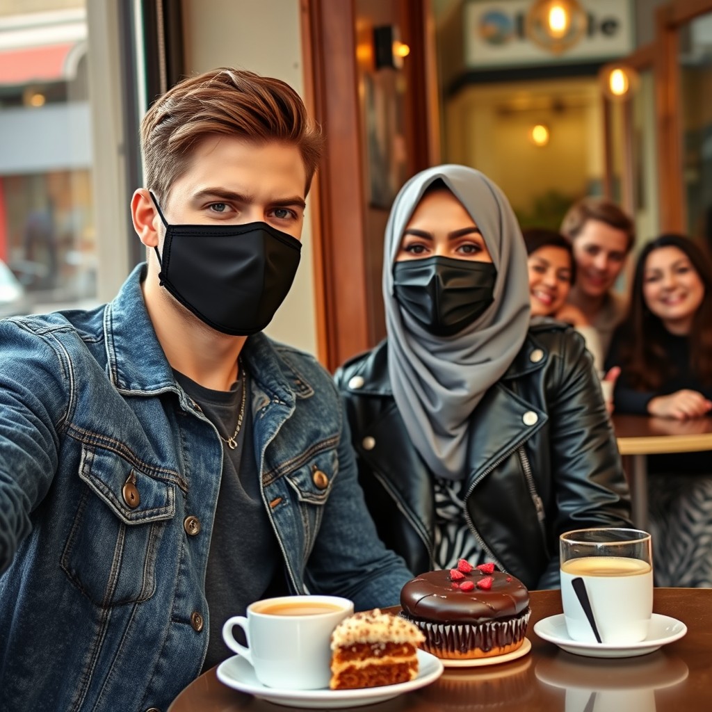 Jamie Dornan's head and body shot, handsome, black face mask, blue jeans jacket, jeans, dating a Muslim girl in a grey hijab with beautiful eyes, black face mask, black leather jacket, the biggest zebra pattern skirt, at a cafe, 2 cups of latte, muffin cake, chocolate donut on a table, with another 3 friends smiling in the background, photorealistic, hyper-realistic, street photography, selfie. - Image