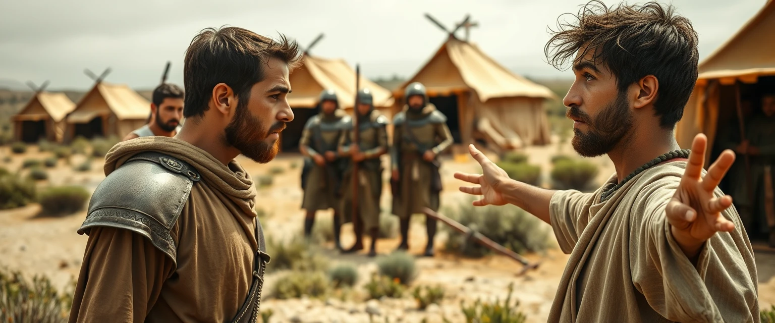 Create a scene of two men facing one another. The man on the right is a young Jewish lad in his mid-20s, dressed as a simple shepherd, with his arms stretched out to the sides. He has dark, messy, unkempt hair and a beard and looks shocked. The man on the left is a Jew in his mid-30s, sporting a Jewish beard and wearing only simple biblical-era Israelite armor. A group of four ancient biblical-era Israelite soldiers is crowded around the man on the left. In the background, there are Arabic army tents pitched on desert shrub land. The overall mood of the image is one of anxiety and concern. - Image