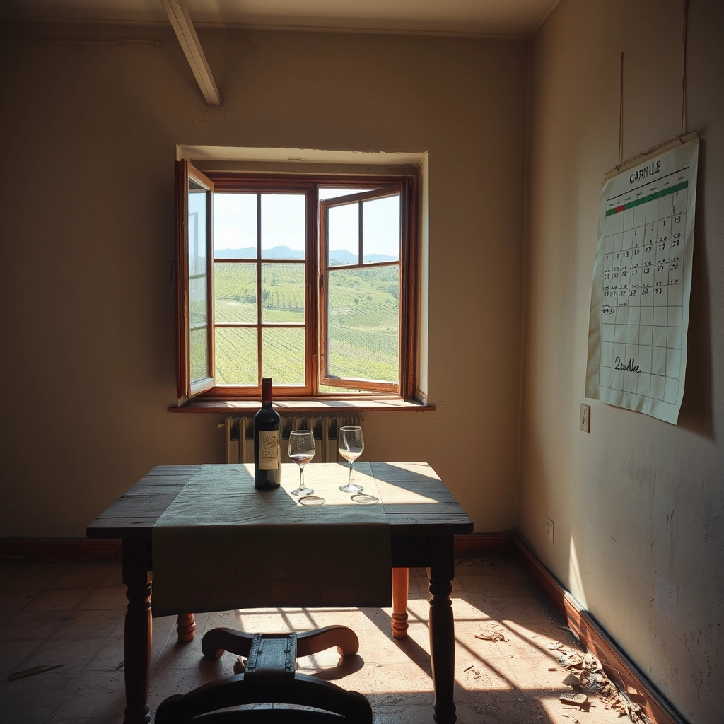 A room in an abandoned house, a square wooden kitchen table, a tablecloth on it, a bottle of red wine and an empty glass, a window through which the sunlight enters, projecting the window frame onto the floor, outside the window you can see a rural landscape, with hills full of vineyards, on the wall, on the right, painted with peeling paint, a hanging calendar, open on the month of April, on the 23rd of April a writing. Goodbye. - Image